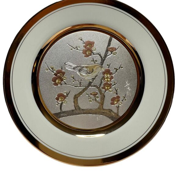 Vintage Art Of Chokin Plate 24k Rims “Early Spring Plum & Nightingale” Bird 10" - Picture 2 of 11